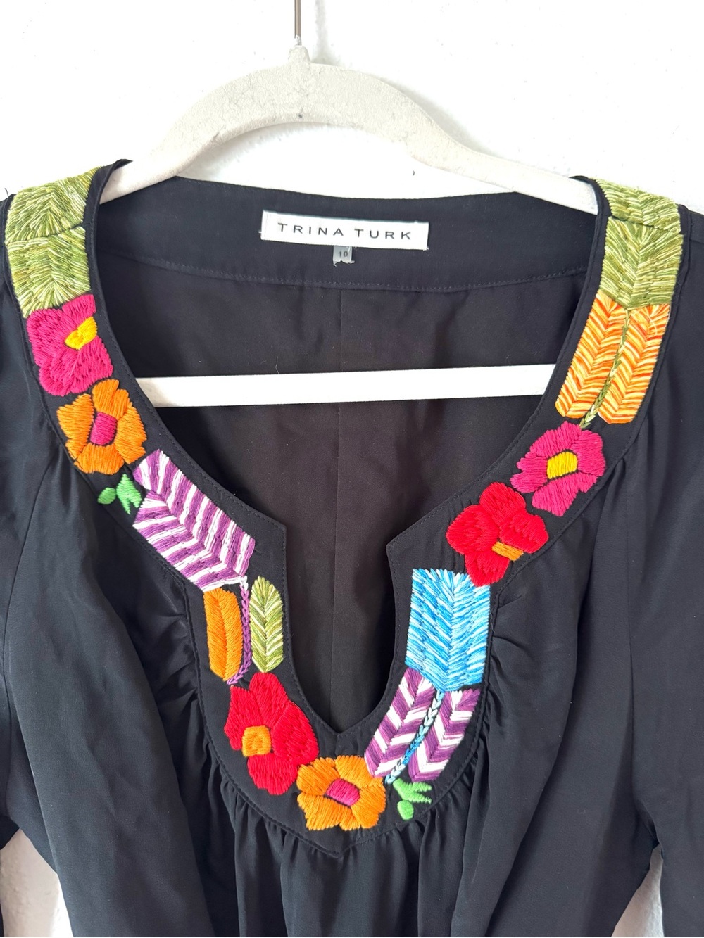 Trina Turk Black Embroidered Tie-Waist Tunic Dress with Colorful Floral Neckline - Picture 3 of 13